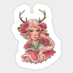 Fairy Deer Girl with Pink Flowers Sticker